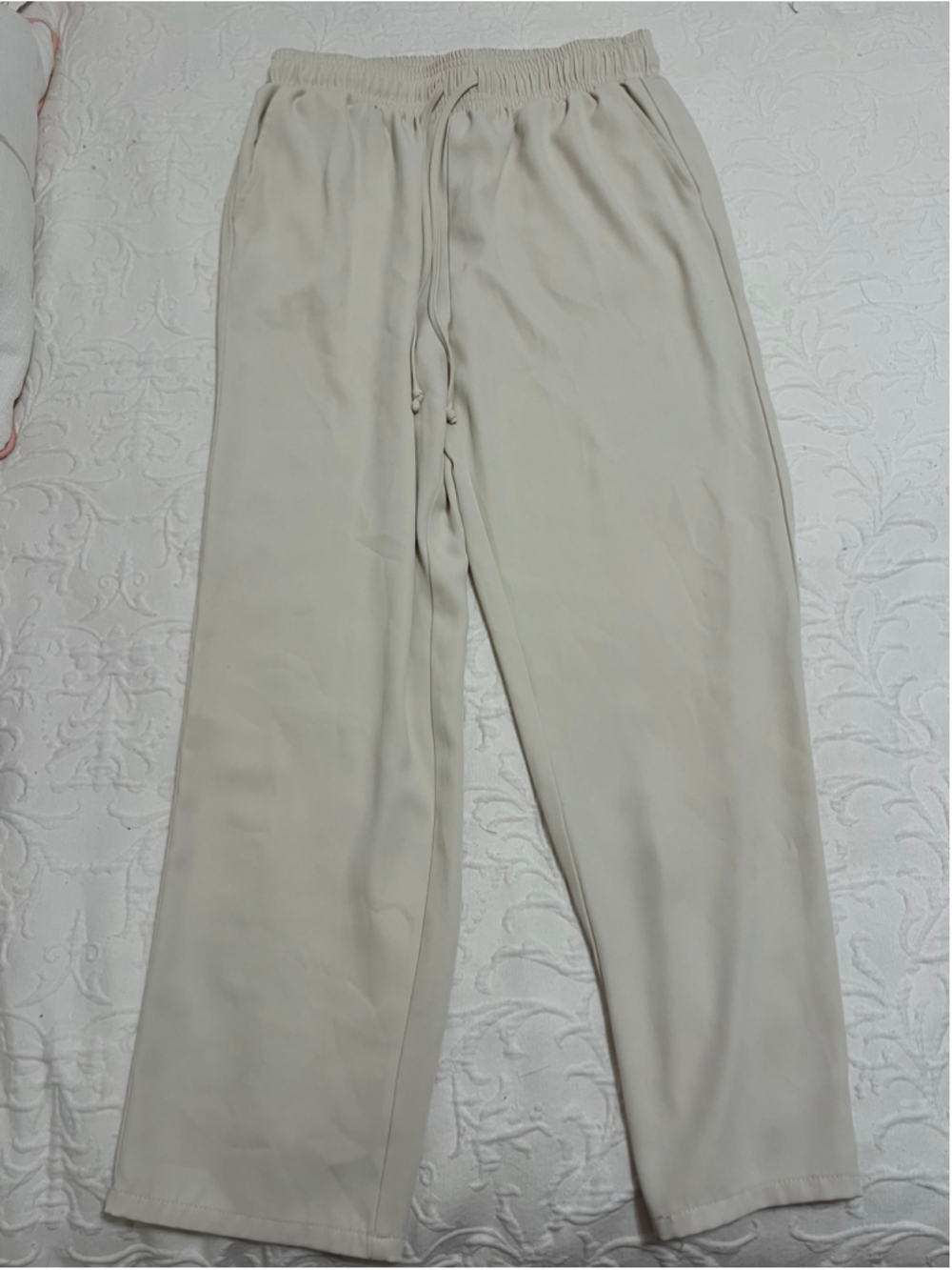 Women's Melloday Beige Trousers with Elastic Waist and Drawstring Size L